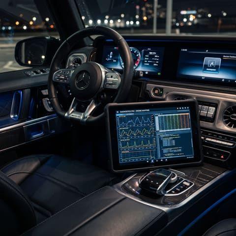 Diagnostic tablet displaying vehicle data inside a car cabin